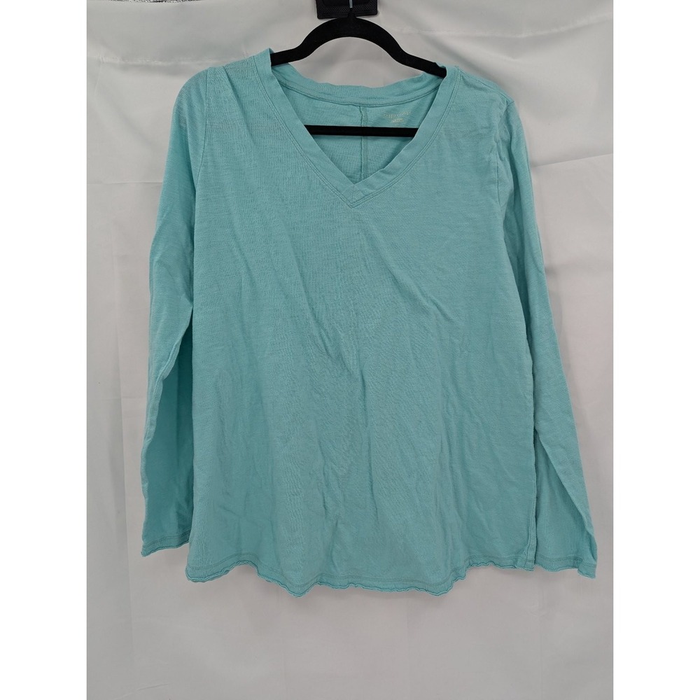 EILEEN FISHER‎ Women's Top Aqua XS Organic Cotton V-Neck Long Sleeve Scalloped